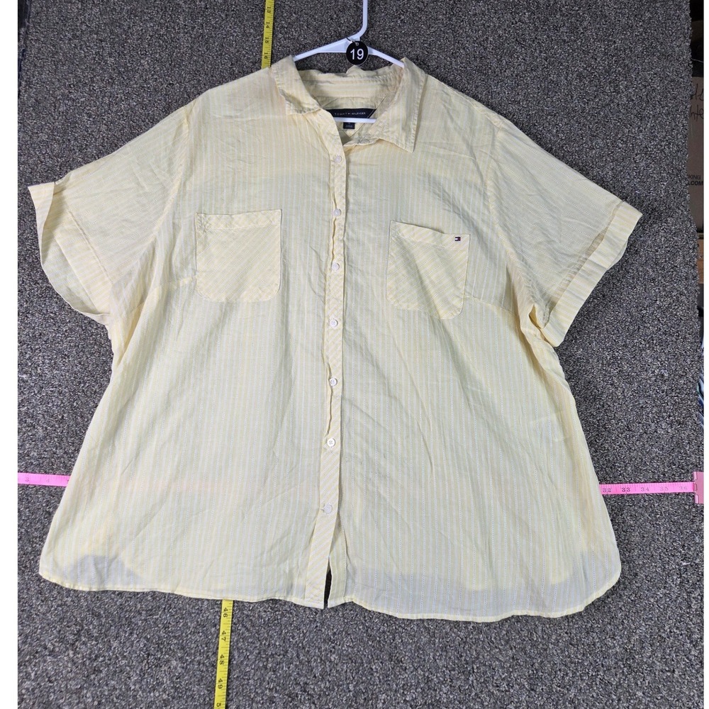Tommy Hilfiger Button Up Shirt Womens 1X Yellow Striped Short Sleeve Pocket